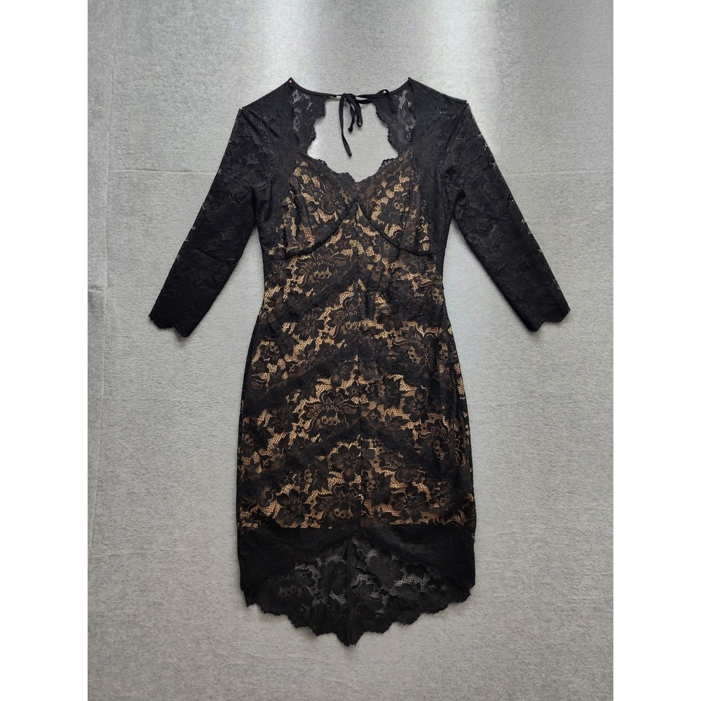 Venus Women Dress‎ S Black Lace Overlay Knee Length Keyhole Back Evening Party